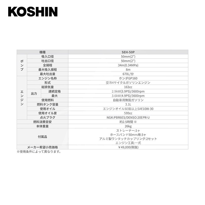 【KOSHIN】工進ホンダ4サイクルハイデルスポンプSEH-50P(SEH-50P-AAA-2)