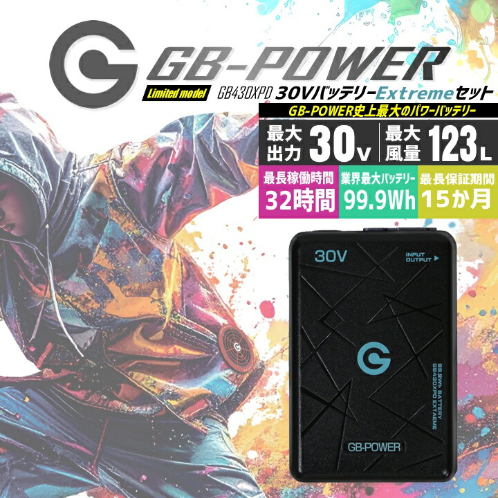 【予約受付中】長信ジャパン 30V 空調服用 （30V専用 バッテリーセット）GB-POWER GB430XPD バッテリー Extreme エクストリームバッテリー 数量限定 リサイクル可 リチウム電池 PC充電可能 15か月保証 ファン付きウェア対応 EFウェア 急速充電 熱中症対策
