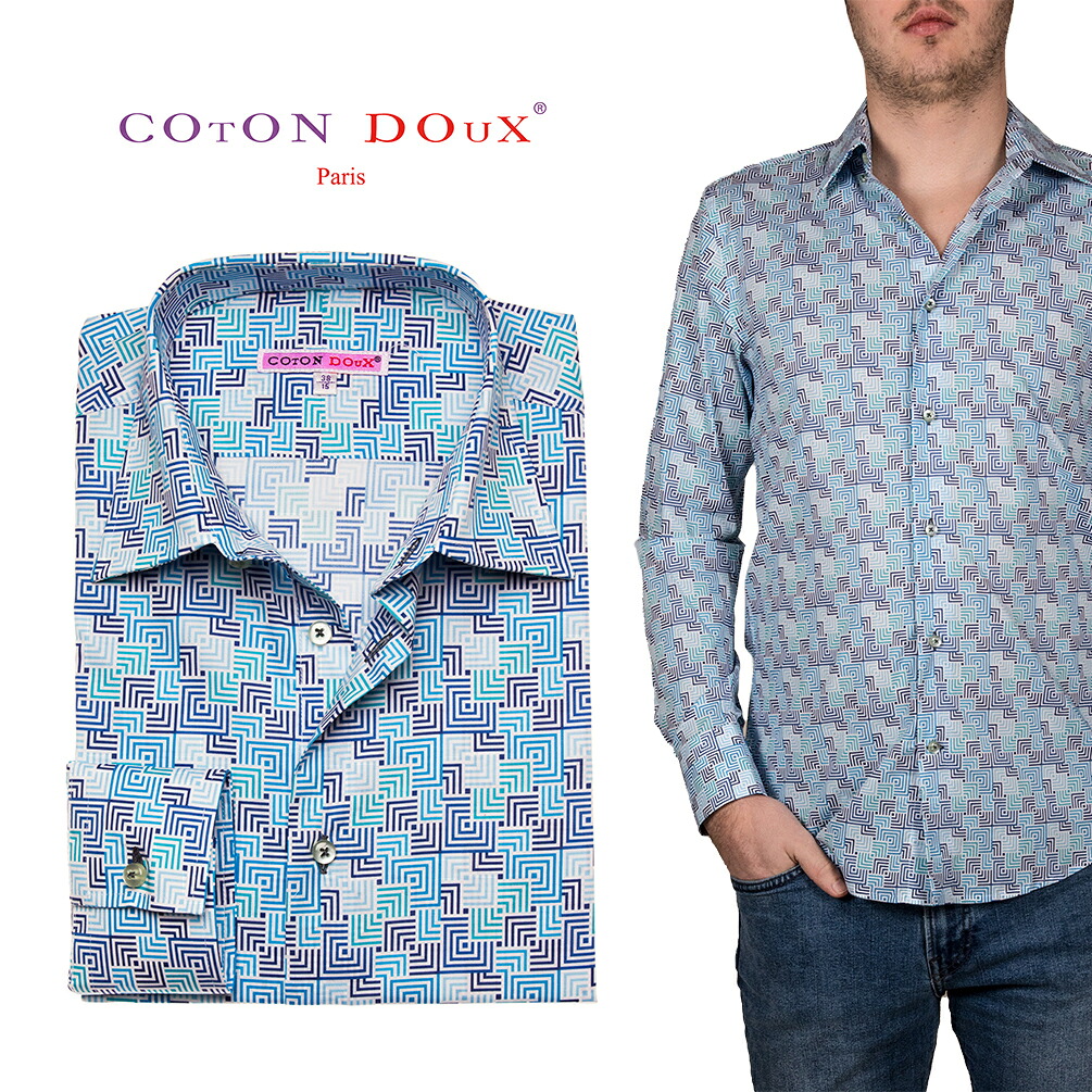 海外限定 長袖 メンズ シャツ M01ad1848blueg コトンドゥ Cotondoux ブランド セレブファッション 大人 50代 40代 30代 カジュアルシャツ デザインシャツ モダン スクエア ブルー 柄シャツ M01ad1848blueg Landhaus Pfeiffer De