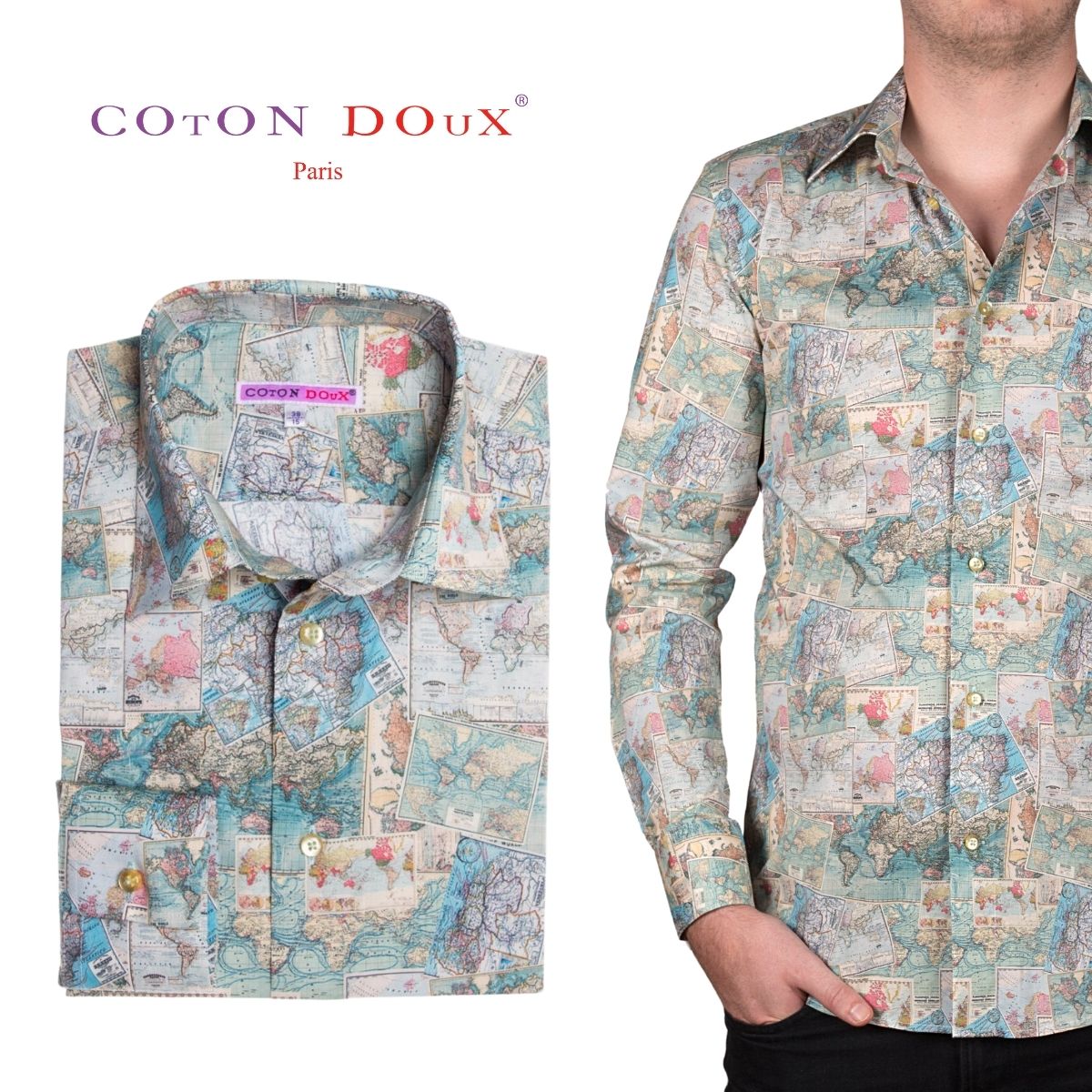 楽天市場 古地図 マップ 地図柄シャツ メンズ 長袖 プリント おしゃれ かわいい 派手シャツ フランス イタリア デザインシャツ スリムフィット 大きいサイズ ブランド Cotondoux コトンドゥ M02ad1931map Cotondoux コトンドゥ 楽天市場店
