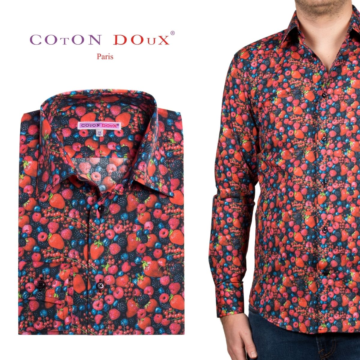 コットン カジュアルシャツ フレンチポップアート 総柄シャツ メンズ 花柄シャツ 高級エジプト綿 大人の遊びシャツ 長袖 ブルーベリー ストロベリー クランベリー きれいめカジュアル ラズベリー プリントシャツ 花柄シャツ フルーツ 果物好き 派手シャツ フランス