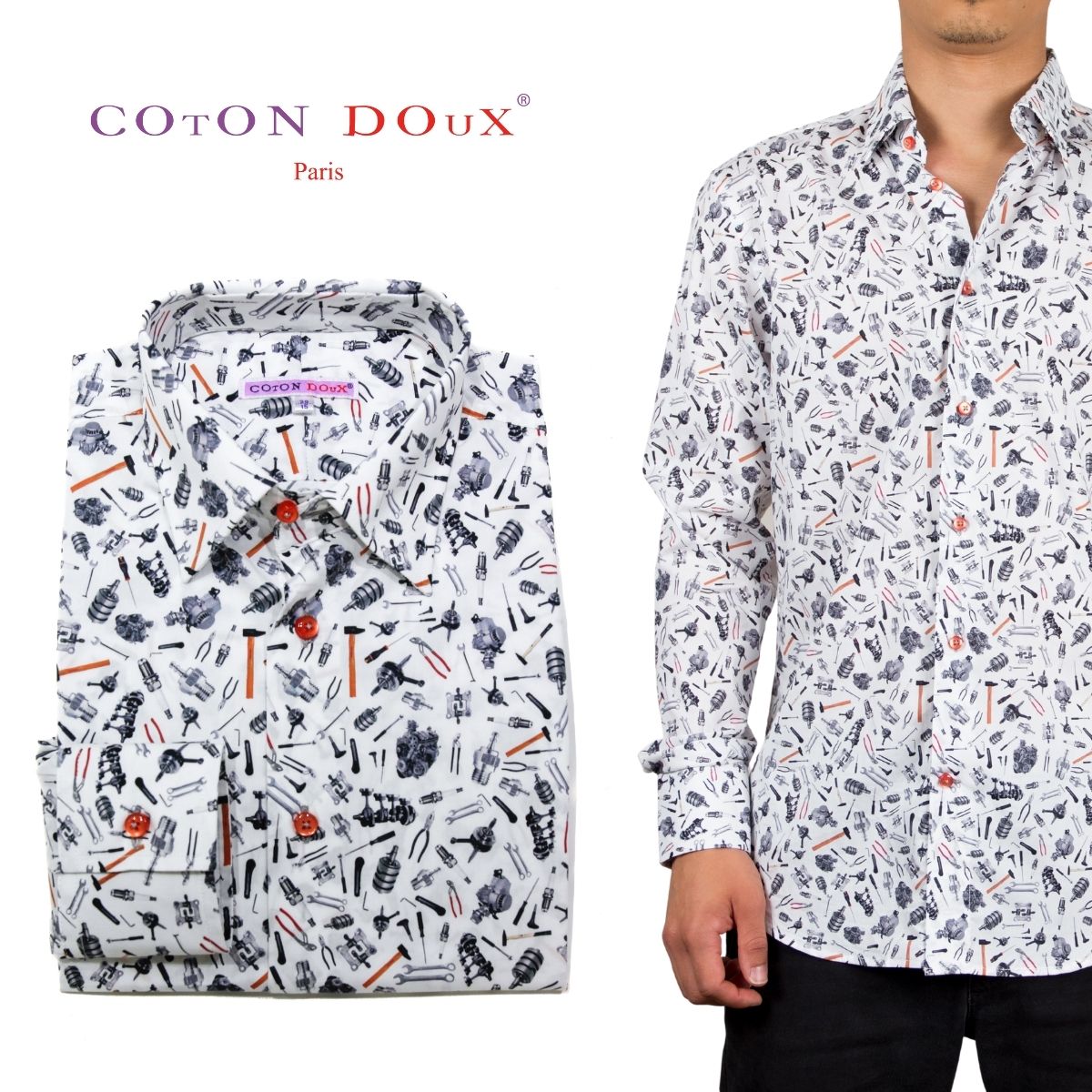 柄シャツ メンズ 長袖 エンジン 機械 パーツ ユニーク プリント おしゃれ かわいい 派手シャツ お洒落 可愛い デザインシャツ スリムフィット 大きいサイズ ブランド Coton Doux コトンドゥ M12ad2136engine Isced Co