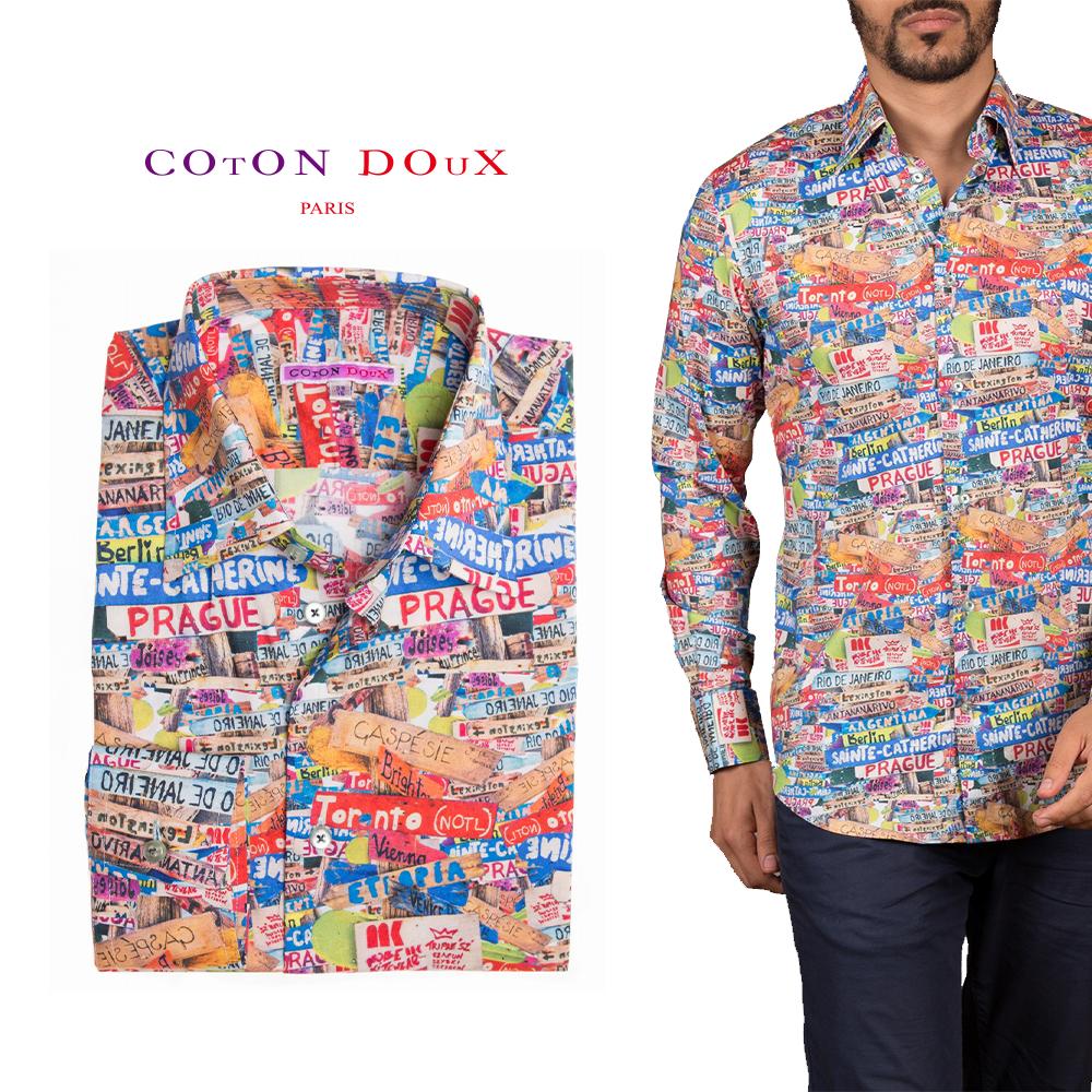 フランス コトンドゥ デザイン 可愛い ドレスシャツ カジュアルシャツ 標識 プリント ドレスシャツ 柄シャツ トップス 大きいサイズ メンズ イタリア 看板 Cotondoux カラフル ブランド セレブファッション アートシャツ 総柄シャツ パーティー サインボード メンズ