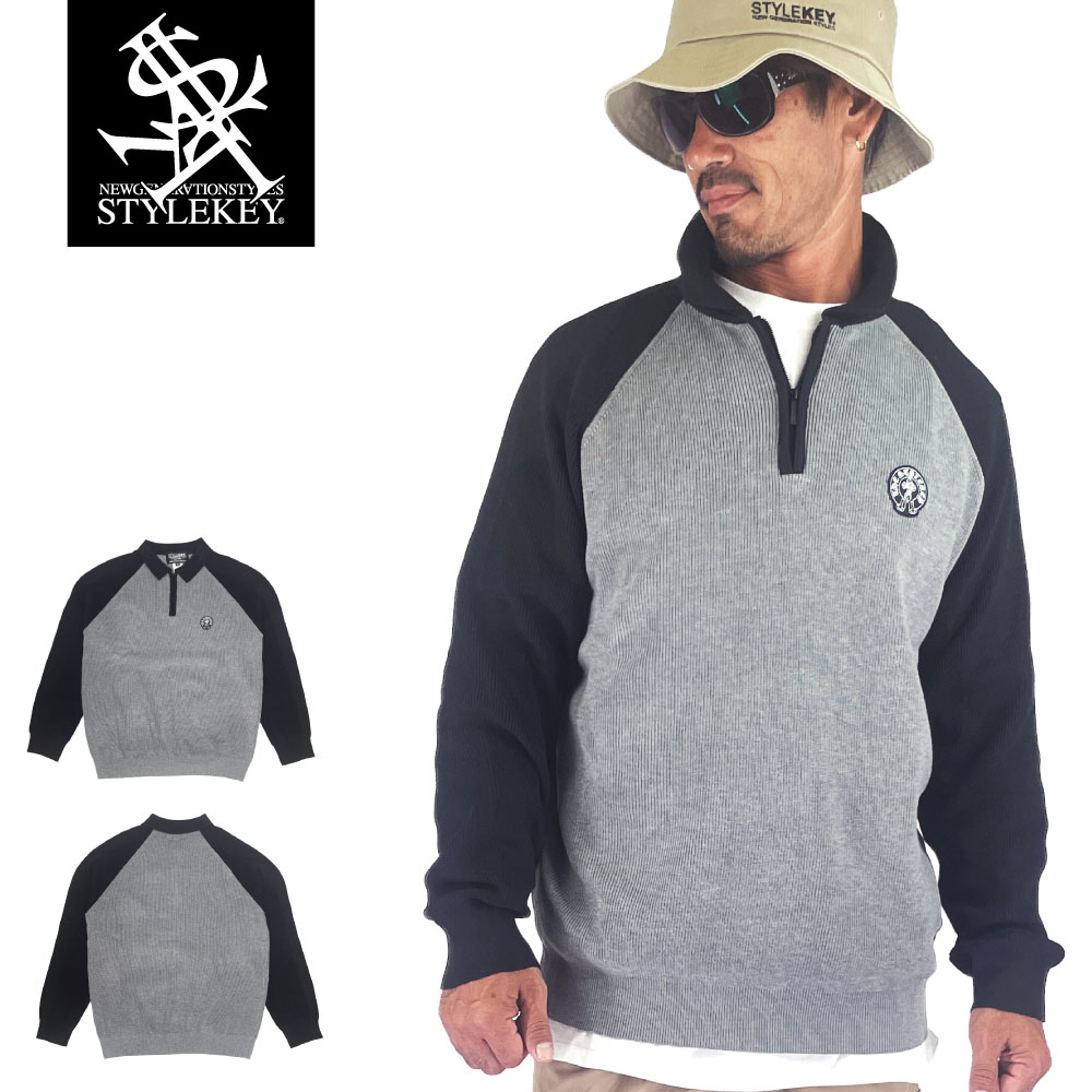 STYLEKEY スタイルキー ハーフジップラグランセーター TWOTONE HALF ZIP RAGLAN KNIT(SK25C10-RKN01) ニット ハーフジップ 編み 襟付き ロゴ ワンポイント 2tone 2トーン ツートーン 配色 ジップアップ ヒップホップ B系 レゲエ ゴルフ 普段着 シンプル ワッペン 刺繍