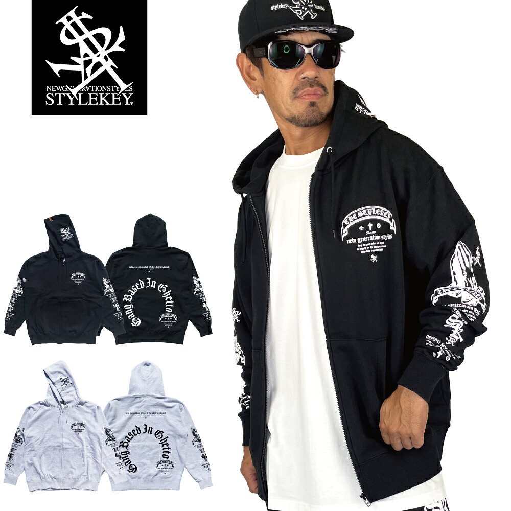STYLEKEY(スタイルキー) ジップスウェットパーカー ANTISOCIAL AREA ZIP HOOD SWEAT(SK25C10-SWJK01) オールドイングリッシュ ロゴ ジップアップ 前開き ストリート系 ファッション ヒップホップ B系 ウエストサイド ローライダー ギャング 裏毛 バックプリント 袖プリント
