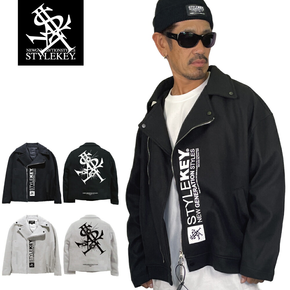 STYLEKEY(スタイルキー) ライダースジャケット BAD STREET RIDER'S JACKET(SK25C11-JK04) マーク ロゴ 銃痕 バックプリント ダブル ライダース アウター メルトン ブルゾン ジャンパー メンズ 大きいサイズ ファッション ストリート系 B系 ヒップホップ バイカー ロック