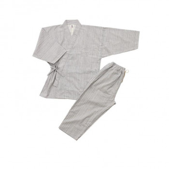 【生活様式ラクラクうしろ押し大売り出し】KADONO SARASHI SOME 和晒ガーゼ 作務衣 いろは織 白紺縞模様 L大きさ【取り寄せ・返品不可商いもの】