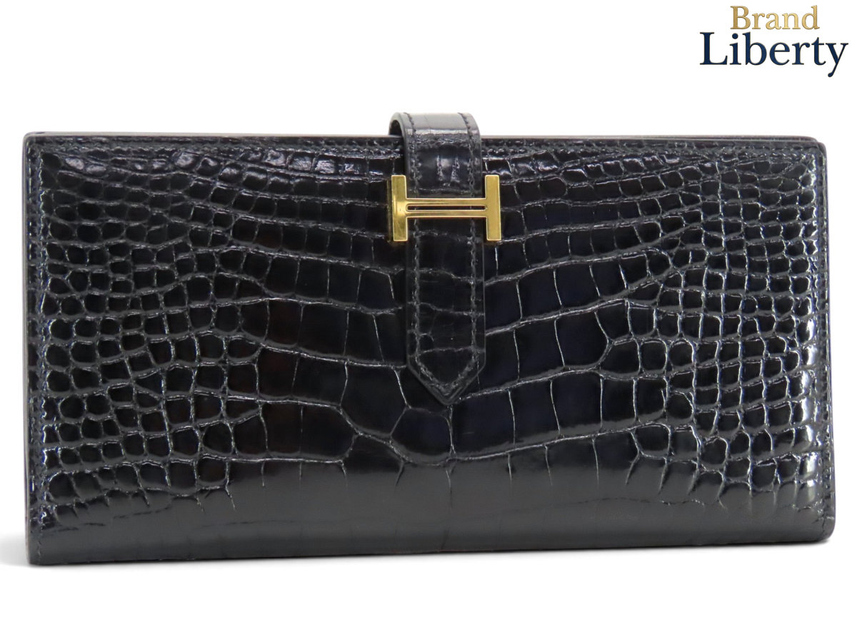 【美品】エルメス HERMES ベアンスフレ アリゲーターシャイニー 二つ折り長金入れ マチ有り クロコダイル 黒いこと ゴールド金具 アリゲーターレザー T刻 【中古】