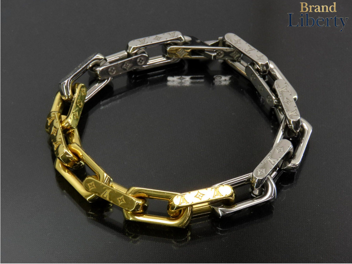 【美品】ルイヴィトン LOUIS VUITTON 腕輪 チェーン店 モノグラム ブレスレット しろがね色 ゴールド M1555L 【中古】