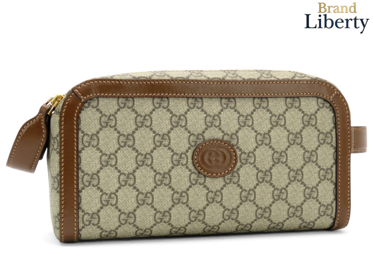 【未当て嵌める】グッチ GUCCI GGスプリーム インターロッキングG 二番目御徒面子 クラッチペダル御徒面子 ハンドバック トイレタリーケース 合切袋 ベージュ 暗然たる赤銅色 PVC なめし革 730116 【中古】