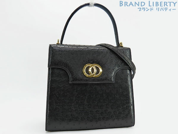 【激レア美品】セリーヌ　CELINE　ヴィンテージ　サークルロゴ　オーストリッチ　2WAY トップハンドルバッグ　ハンドバッグ　ショルダーバッグ　ブラック ゴールド金具　オーストリッチレザー　【中古】｜Brand Liberty