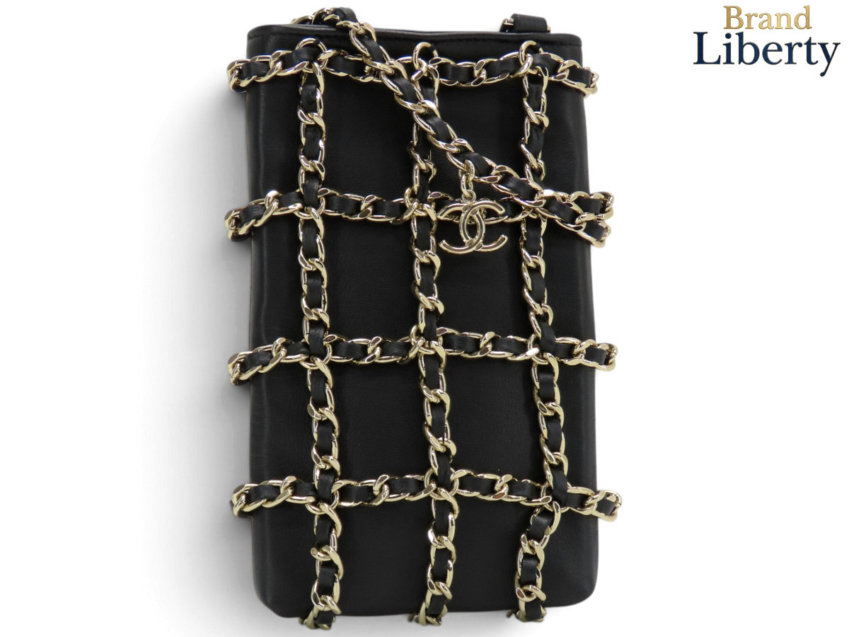 【新品負けず劣らず】シャネル CHANEL ココマーク チェーンショルダーポーチ 電話機容れもの 電話機合財袋 ポシェット 小容れもの iPhone容れもの スマートフォンケース 黒いこと ゴールド金具 なめし革 AP1161 【中古】