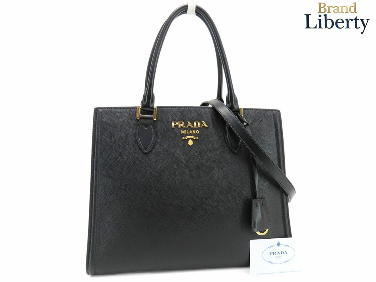【美品】プラダ PRADA サフィアーノ ソフトカーフレザー 2WAY ハンドバック ショルダーバッグ トートバッグ NERO 黒いこと なめし革 1BA227 【中古】