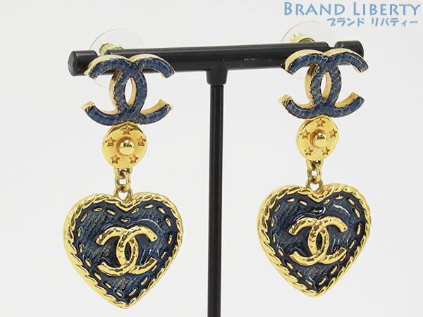 【レア新品同様】シャネル CHANEL ココマーク デニム ハート スイング ピアス ネイビー ゴールド ABC738 【中古】