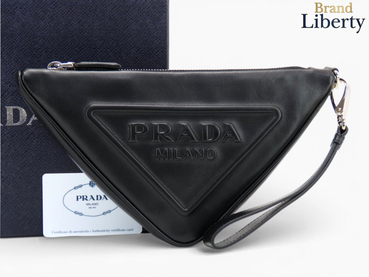 【未使用】プラダ PRADA トライアングル ミニバッグ ポーチ セカンドバッグ クラッチバッグ ハンドバッグ ハンドポーチ ストラップ付き NERO ブラック レザー 1NE039　【中古】