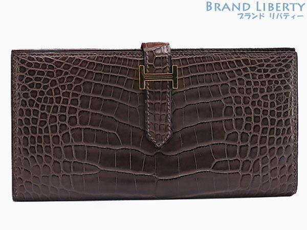 【ほぼ新品】エルメス HERMES ベアンスフレ アリゲーターマット 二つ折り長金入れ クロコダイル 暗然たる赤銅色 【中古】