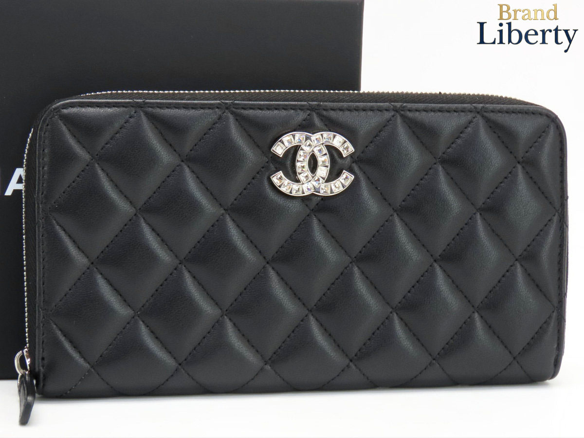 【超美品】シャネル CHANEL マトラッセ ココマーク ストラス ラウンドファスナー長財布 ブラック シルバー金具 ラムスキン AP3985 【中古】|Brand Liberty