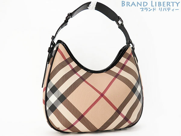 【ほぼ新品】バーバリー　BURBERRY　チェック柄　ワンショルダーバッグ　セミショルダーバッグ　ショルダーバッグ　ハンドバッグ　ホーボーバッグ　ベージュ ブラック　PVC エナメル　【中古】