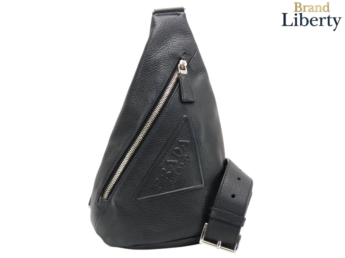 【超美品】プラダ PRADA ヴィッテロダイノ VITELLO DAINO ３角形ロゴタイプ なめし革 スリングバッグ 上半身御徒面子 バムバッグ ショルダーバッグ NERO 黒いこと カーフレザー 2VZ098 【中古】