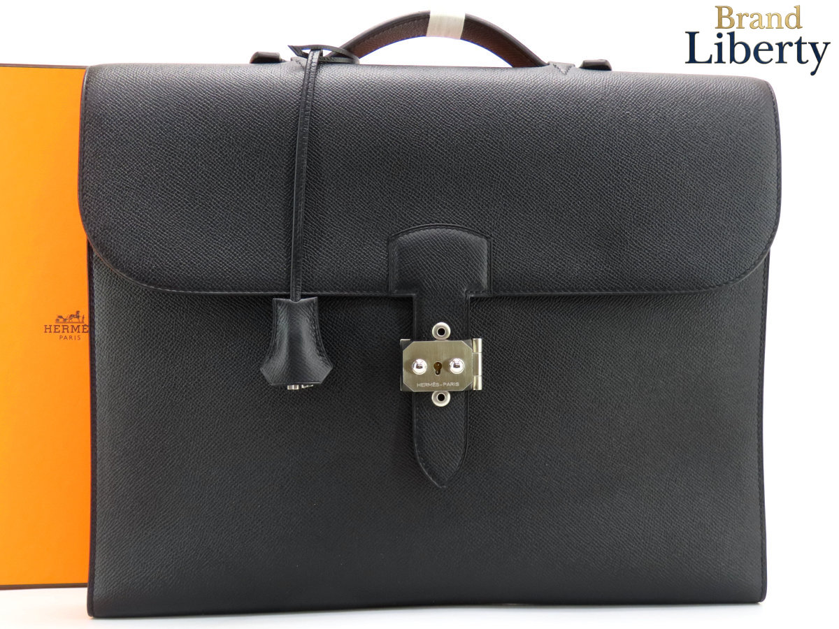 【新古品】エルメス HERMES サック ア デペッシュ 点火装置 1-37 38 サックアデペッシュ 商行為御徒面子 ブリーフ容れもの 書きものかばん 黒いことｘしろがね色金具 ヴォーエプソン A刻 【中古】