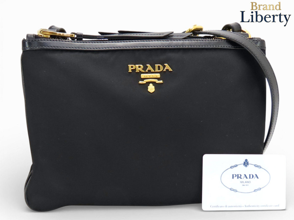 【美品】プラダ PRADA ナイロン ソフトカーフレザー 2連 曲がった掛け ショルダーバッグ 肩先合財袋 ポシェット NERO 黒いこと ナイロン カーフレザー 1BH046 【中古】