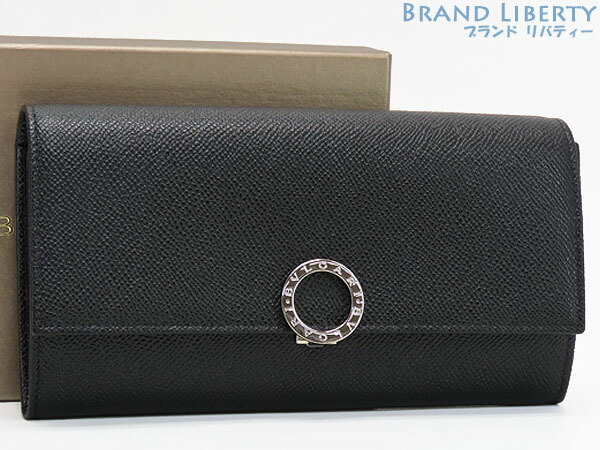 【新古品】ブル小峡谷 BVLGARI ブルガリブルガリ ロゴタイプゼムクリップ 二つ折り長紙入れ 黒いこと グレインカーフレザー 30414 【中古】