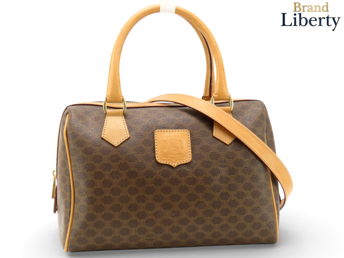 【美品】セリーヌ CELINE ヴィンテージ マカダム 2WAY ミニボストンバッグ ハンドバック ショルダーバッグ 赤銅色 うす暗い赤銅色 PVC なめし革 【中古】