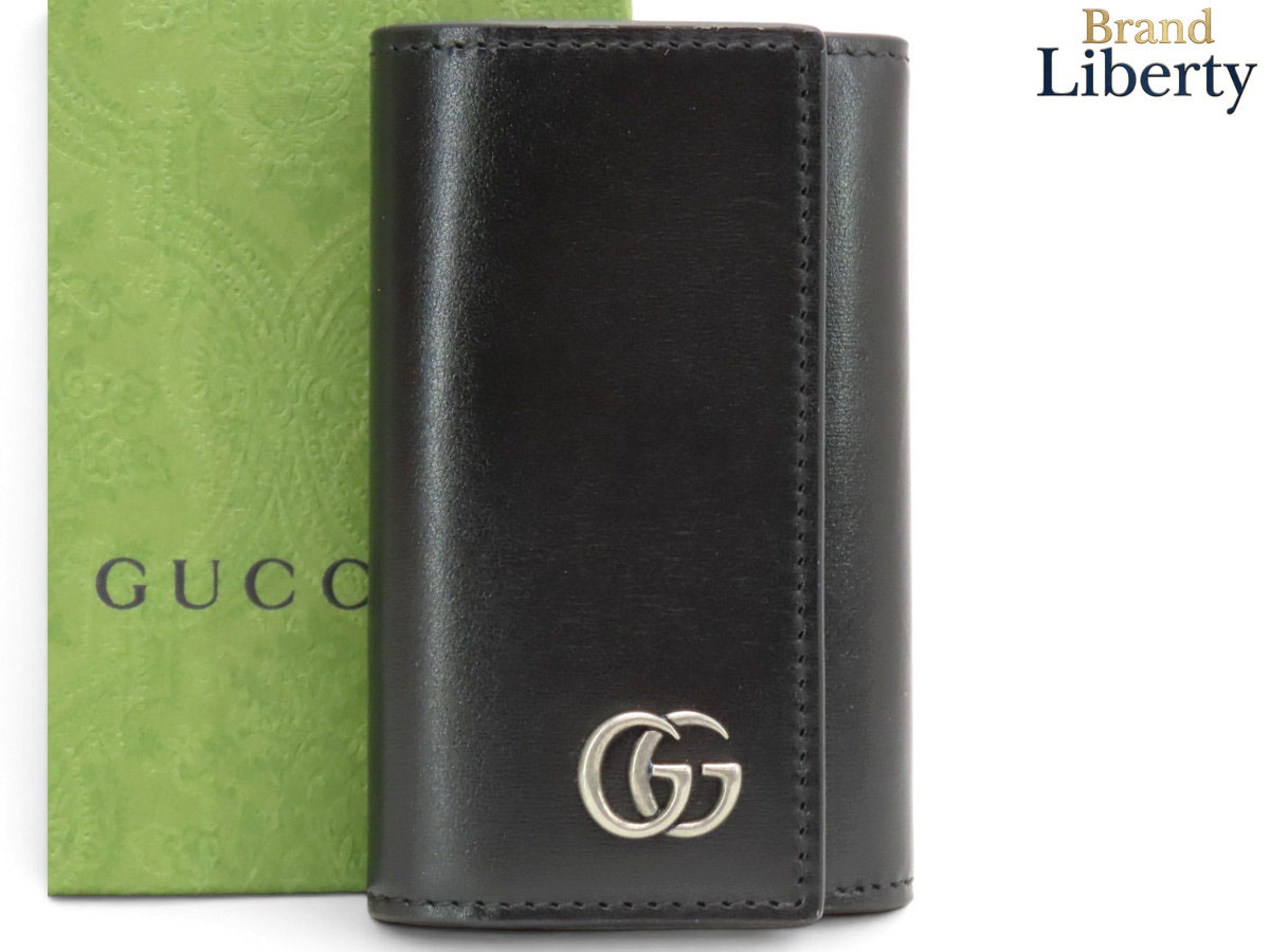 【新品負けず劣らず】グッチ GUCCI GG マーモント ダブルG 6連 足懸かり入れもの 足懸かり輪っか キーホルダー 足懸かり輪っか付き添い人 黒いこと しろがね色金具 なめし革 435305 【中古】