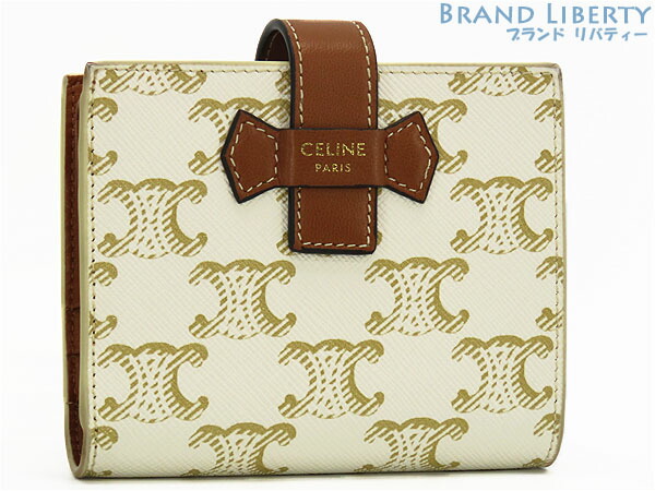【美品】セリーヌ CELINE トリオンフ スモール ストラップウォレット エッセンシャル 二つ折り紙入れ パウダーコンパクト紙入れ 白いこと タン 赤銅色 カーフレザー 10H262DB7.01TA 【中古】