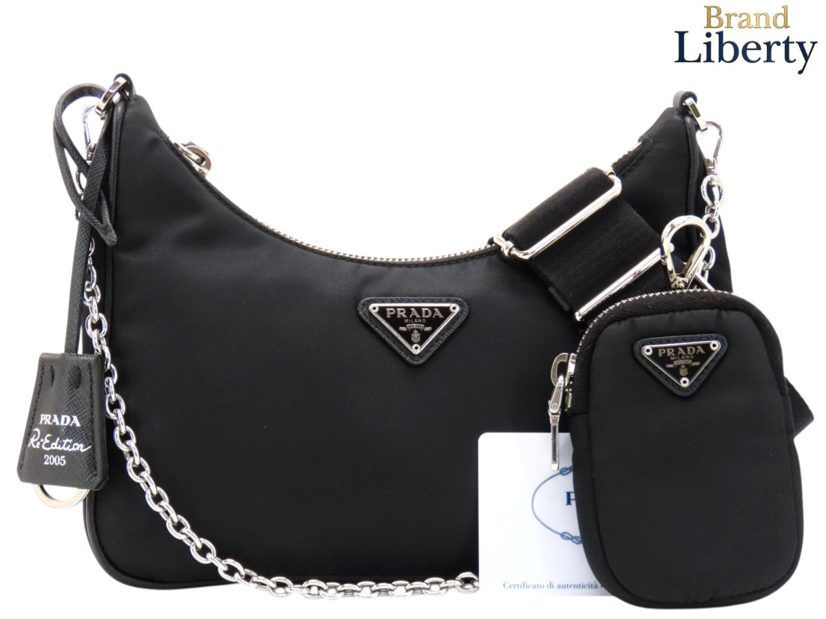 【超美品】プラダ PRADA Re-Edition 2005 テスート ナイロン 空蝉ショルダーバッグ 壱ショルダーバッグ ホーボーバッグ ハンドバック ポシェット 佩び物車寄せ 車寄せ付き添い人 NERO 黒いこと しろがね色金具 ナイロン サフィアーノレザー 1BH204 【中古】