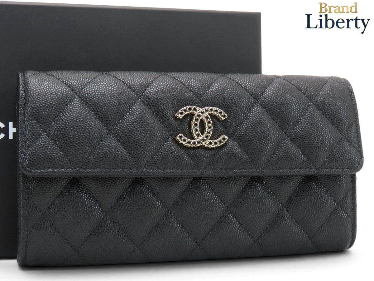 【激レア新古品】シャネル CHANEL マトラッセ ココマーク キャビアひと肌 ロング フラップウォレット 二つ折り長金入れ 黒いこと 三鞭酒ゴールド金具 グレインドカーフスキン 色つや石ころ AP3396 【中古】