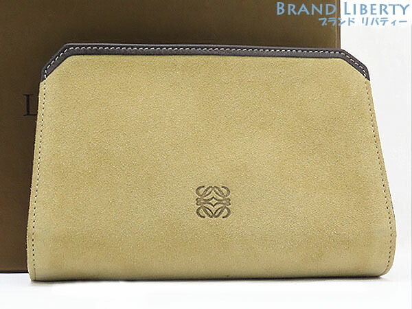 通販 新古品 ロエベ Loewe アナグラム ポーチ 小物入れ コスメケース 化粧品入れ カーキ レザー 中古 ダークブラウン スエード Storefic Com