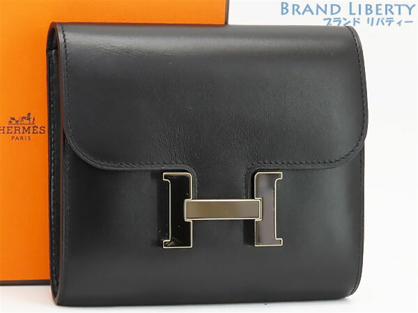 【超美品】エルメス HERMES コンスタンス パウダーコンパクト 二つ折り金入れ コインケース 黒いこと しろがね色金具 ボックスカーフ  Y目じるし  【中古】