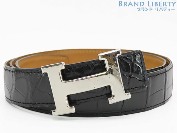 エルメス HERMES コンスタンス ポロサス クロコダイル H三尺帯 リヴァーシブル 32MM 100 黒いこと 赤銅色 しろがね色金具 クロコダイルレザー 【中古】