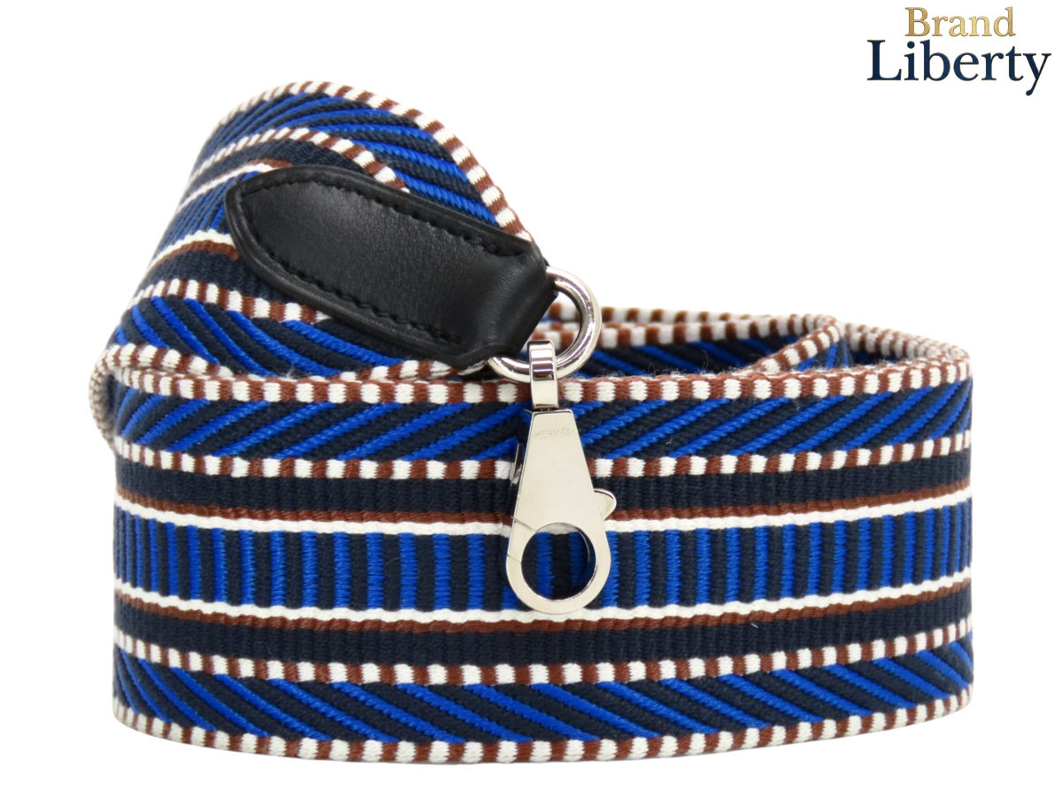 【レア新品同様】エルメス HERMES バンドリエール サングル カヴァル 50mm ショルダーストラップ 調節不可 ブルーゼリージュ ブルー ブルーインディゴ ネイビー ブラック シルバー金具 キャンバス スイフト C刻　【中古】