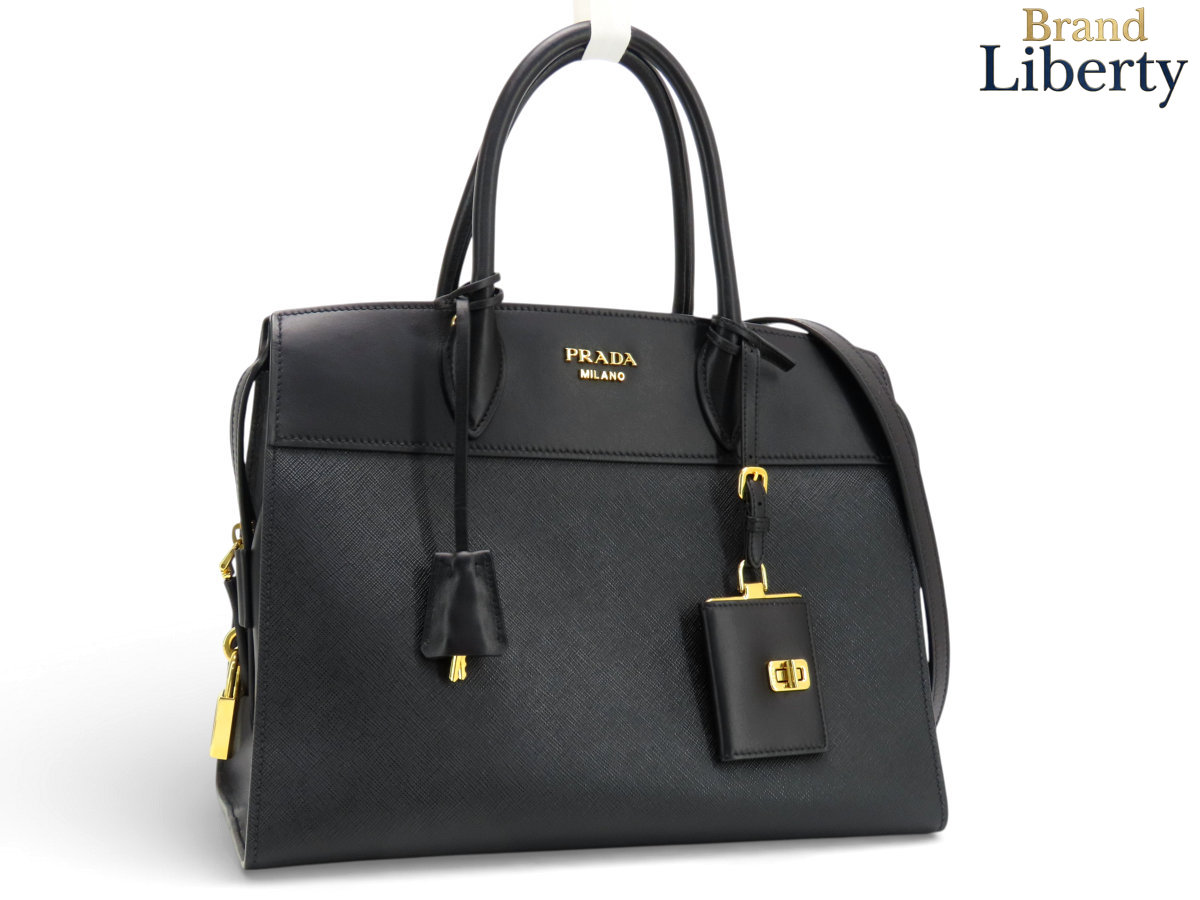 【超美品】プラダ PRADA エスプラナード 御徒面子 サフィアーノ シティカーフ 2WAY ハンドバック トートバッグ ショルダーバッグ 黒いこと なめし革 1BA047 【中古】