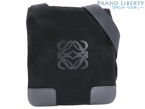 再入荷 ロエベ Loewe アナグラム スエード 斜め掛けショルダーバッグ フラットメッセンジャーバッグ ブラック レザー Fucoa Cl