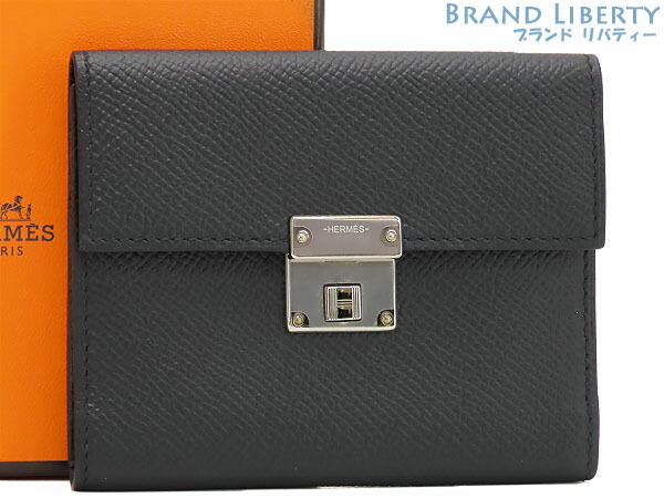 【新古品】エルメス HERMES 鳴らす ミニ 三つ折り 歌留多容れもの 通行手形容れもの 名刺入れ 黒いこと しろがね色金具 ヴォーエプソン H076138CK 89 C刻 【中古】