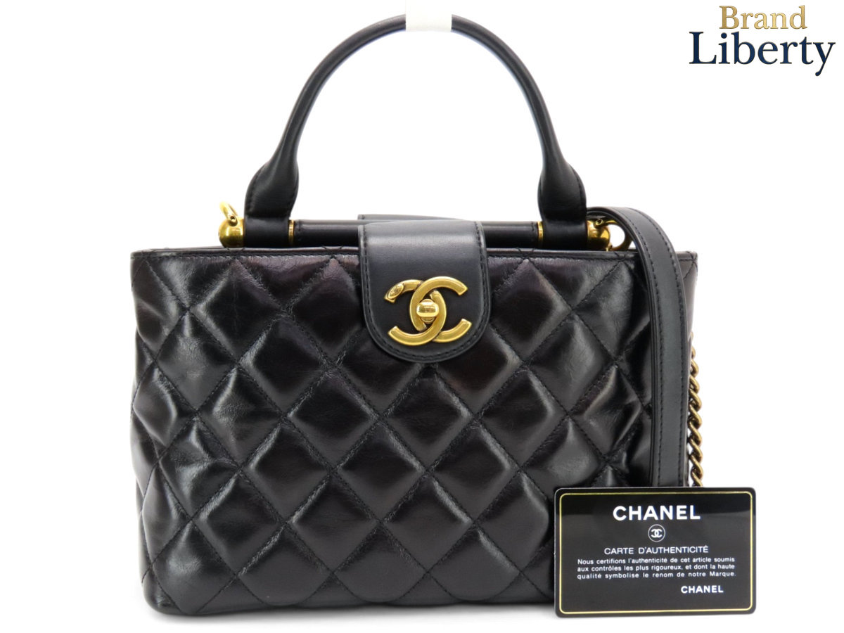 【激レア超美品】シャネル CHANEL マトラッセ ココマーク 2WAY ハンドバッグ トートバッグ チェーン ショルダーバッグ ポシェット ブラック アンティークゴールド金具 レザー A93425　【中古】