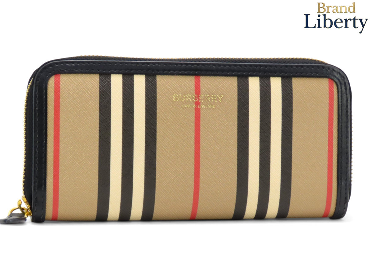 【超美品】バーバリー BURBERRY BURBERRY LONDON ENGLAND アイコン ストライプ ラウンドファスナー長財布 ベージュ ブラック PVC レザー 8027427　【中古】