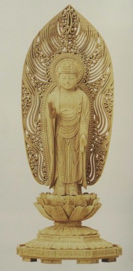 本柘植　ミニ八角台座　船立弥陀　水煙光背　3.0寸