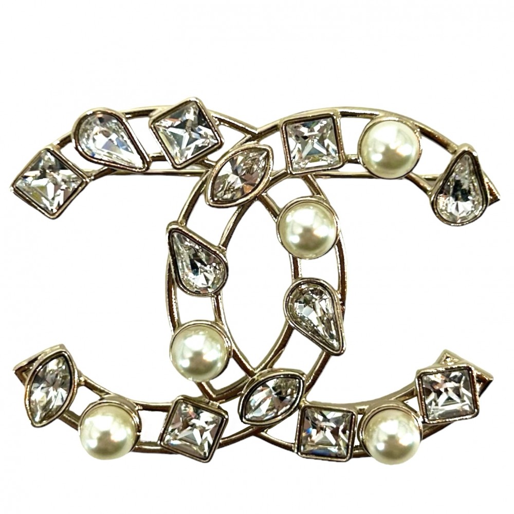 Chanel A15C ココマーク フラワー パール ビジュー ブローチ ゴールド×ブラック×ホワイト (190909
