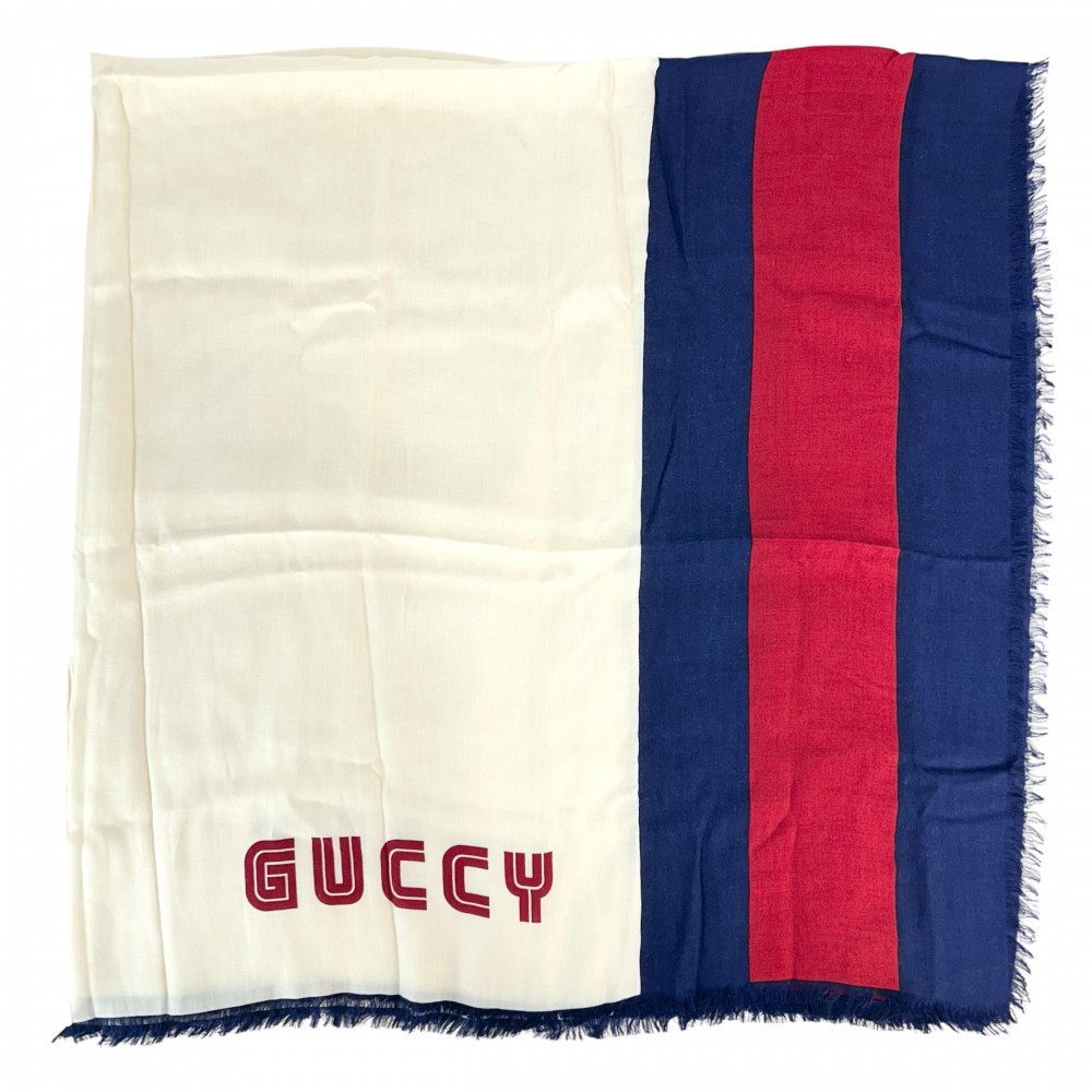 【エントリーでポイント10倍】 グッチ ストール レディース 大判 ショール GUCCY ファッションアイテム GUCCI レーヨン シルク ホワイト 白 レッド 赤 秋 冬【中古品】