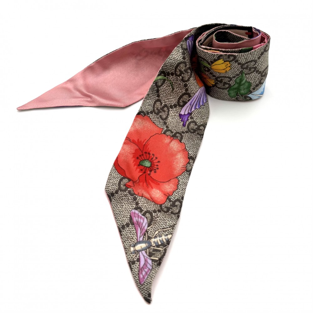 美品グッチツイリーシルク ネックボウ GUCCI グッチ スカーフ ツイリー 花柄 GG フローラ プリント