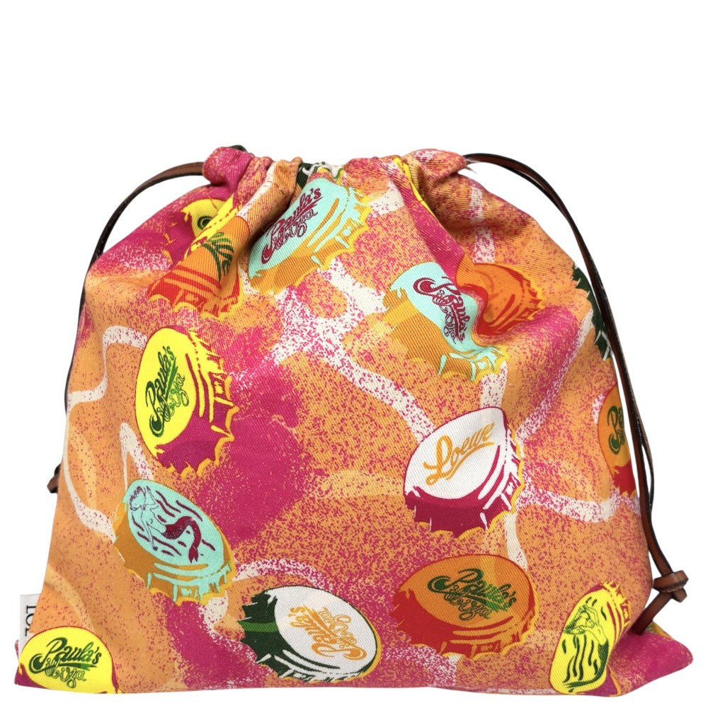 【大売出し】 ロエベ 合切袋 レディース パウラズイビザ ドローストリングポーチ 合切袋袋 DRAWSTRING POUCH LOEWE C822057X12 綿織物  なめし革   オレンジ色 マルチ色つや 美品【中古品】