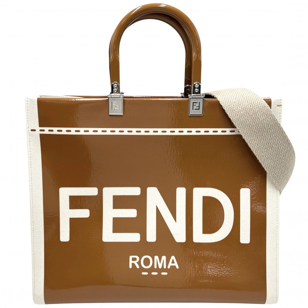 フェンディ 2WAY レディース サンシャインミディアムショッパー ハンドバック トートバッグ 肩かけ ショルダーバッグ FENDI 8BH386 帆布  専売特許なめし革   赤銅色 茶 象牙色 しろがね色金具【中古品】