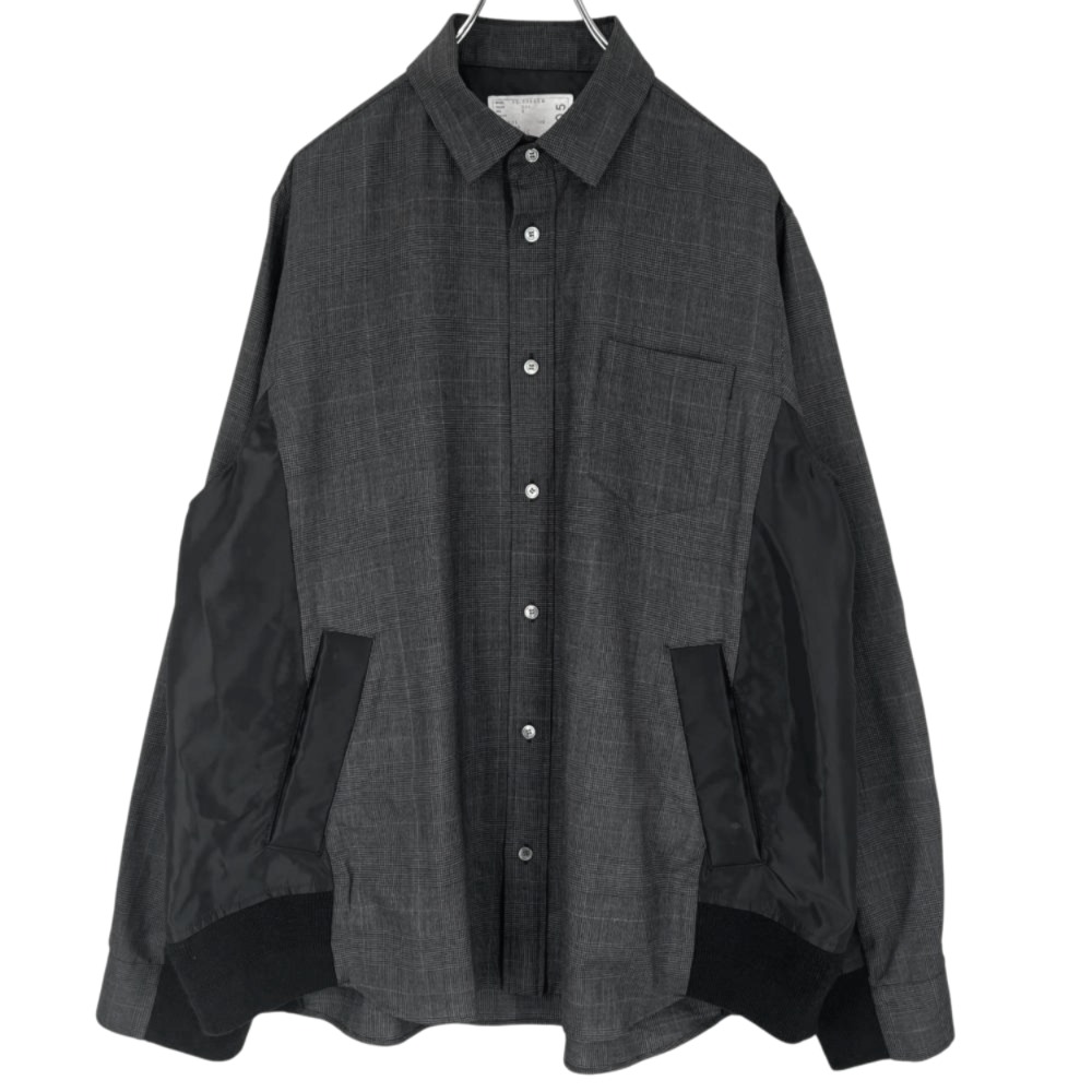 【エントリーでポイント10倍】 サカイ 長袖シャツ メンズ グレンチェックシャツ 異素材シャツ サイズ３ Sacai ブラック 黒 グレー ウール キュプラ 秋 冬【中古品】