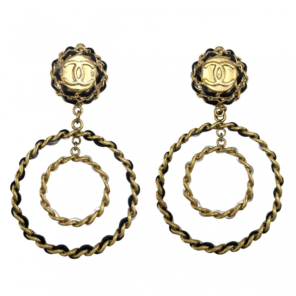 【大売出し】 シャネル イヤリング レディース ココマーク スイング アクセサリー チェーン CHANEL GP レザー 93C ブラック 黒 ゴールド金具 約85.1g1993年【中古品】｜VINTAGE BRAND TOKYO 180,000円