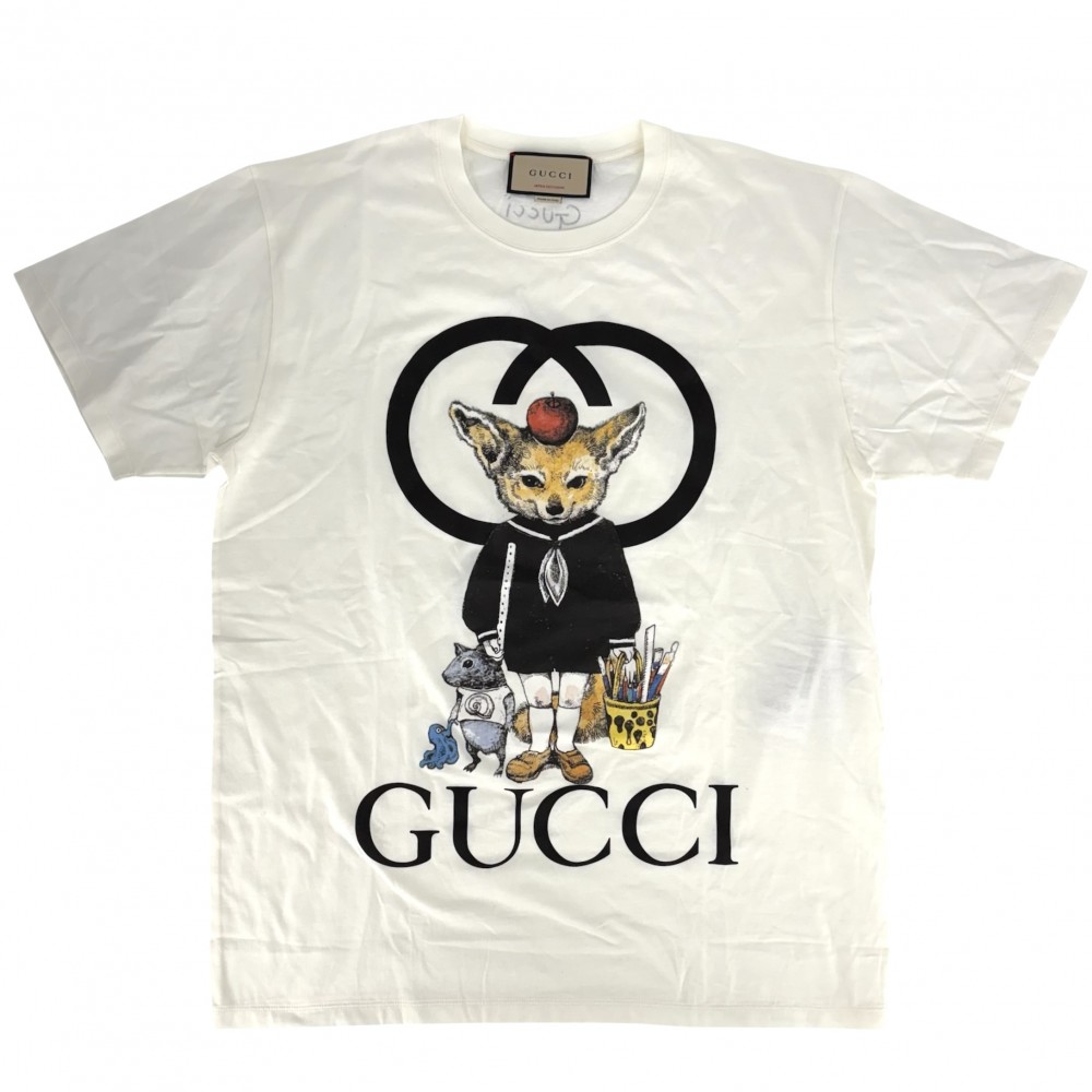 【エントリーでポイント10倍】 グッチ 半袖Ｔシャツ メンズ ヒグチユウコ ロゴプリントクルーネックTシャツ トップス アパレル 日本限定 服 GUCCI M 548334 アイボリー ブラック 黒 コットン 春 夏 美品【中古品】
