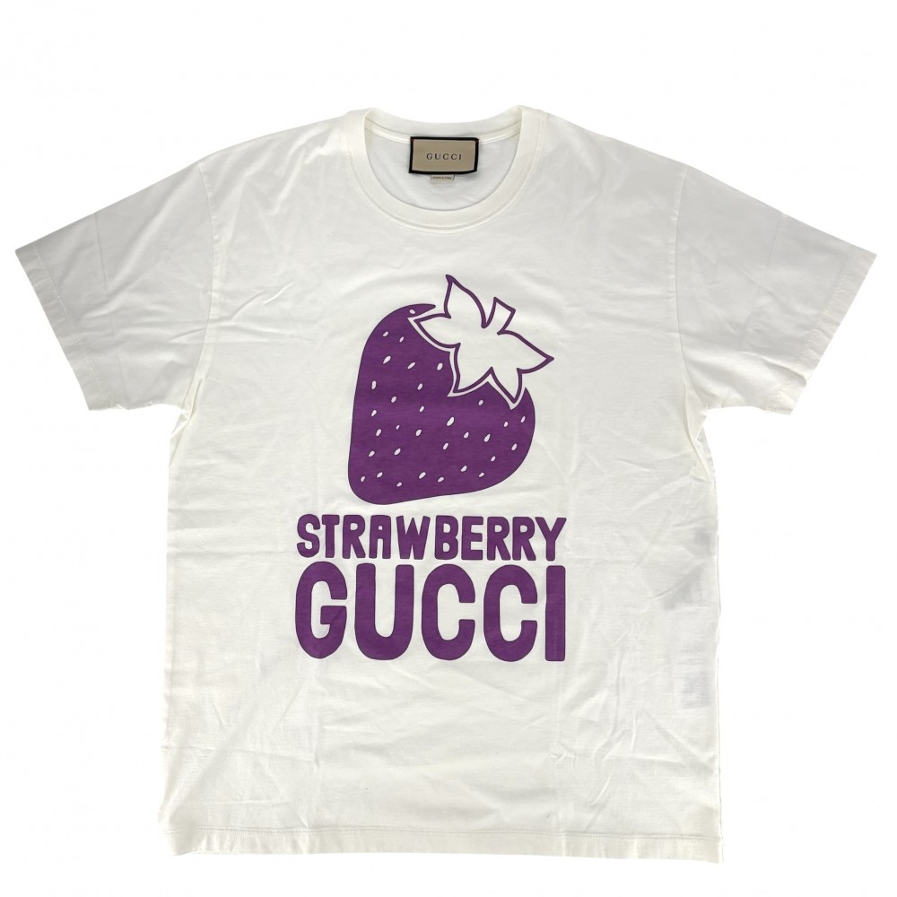 【大売出し】 グッチ 半袖Tシャツ メンズ ストロベリー ロゴプリントクルーネックTシャツ トップス アパレル 服 GUCCI M 548334 ホワイト 白 パープル 紫 コットン 春 夏 美品【中古品】|VINTAGE BRAND TOKYO